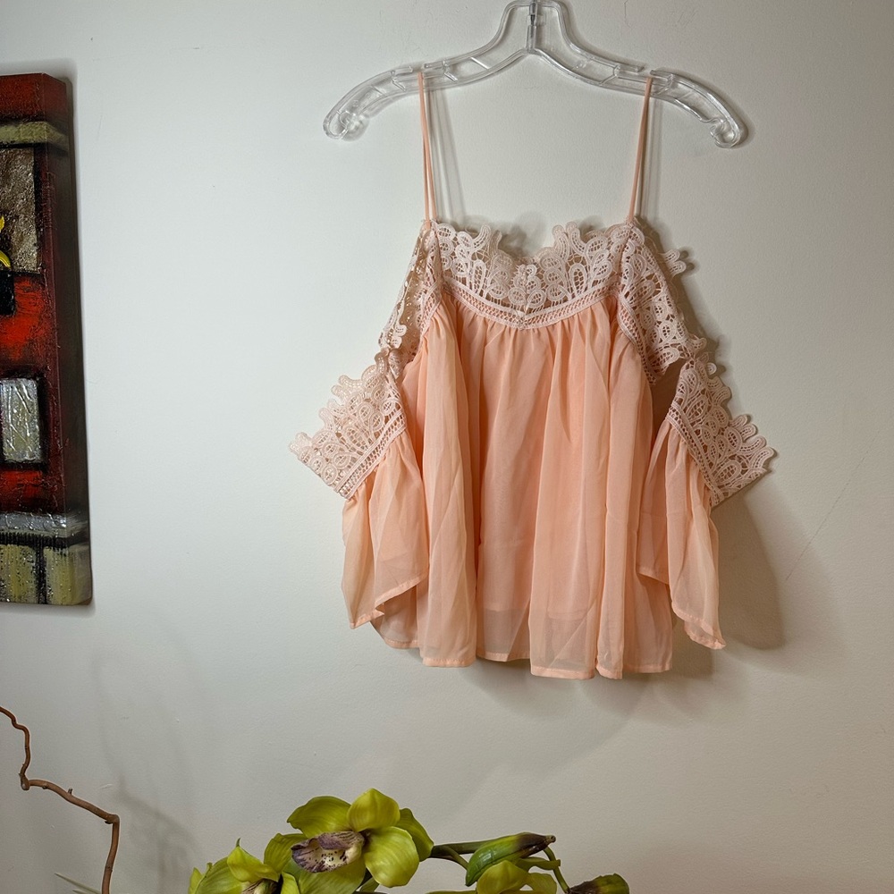 T86- Cherry Koko peach Asymmetrical Ruffled sheer Blouse